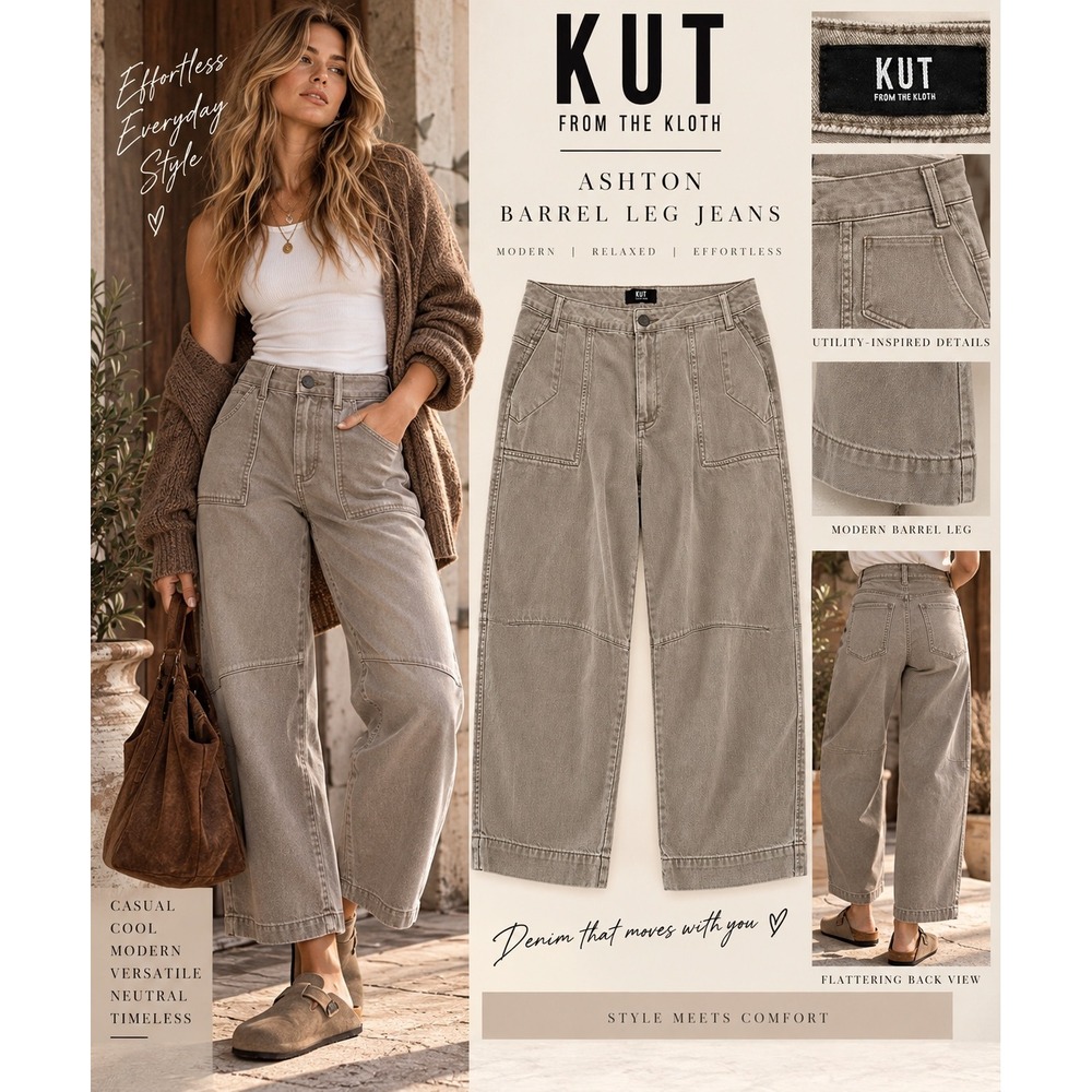 KUT From The Kloth Ashton Barrel Leg Jeans Size 12 Taupe Utility Wide Leg